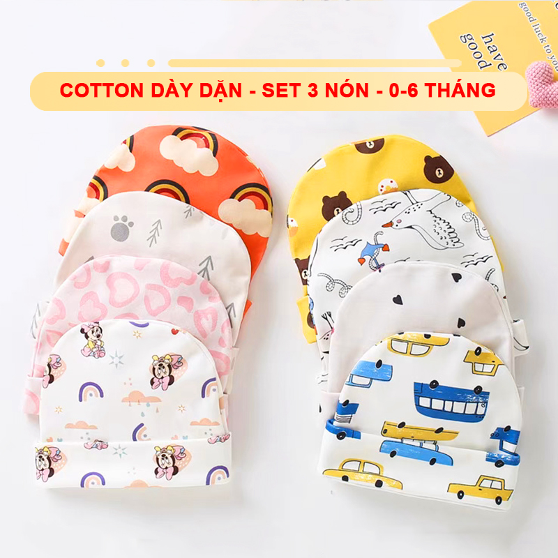 Set 3 nón mũ sơ sinh cho bé trai và bé gái từ 0-6 tháng tuổi chất thun cotton dày nhiều họa tiết – SS004