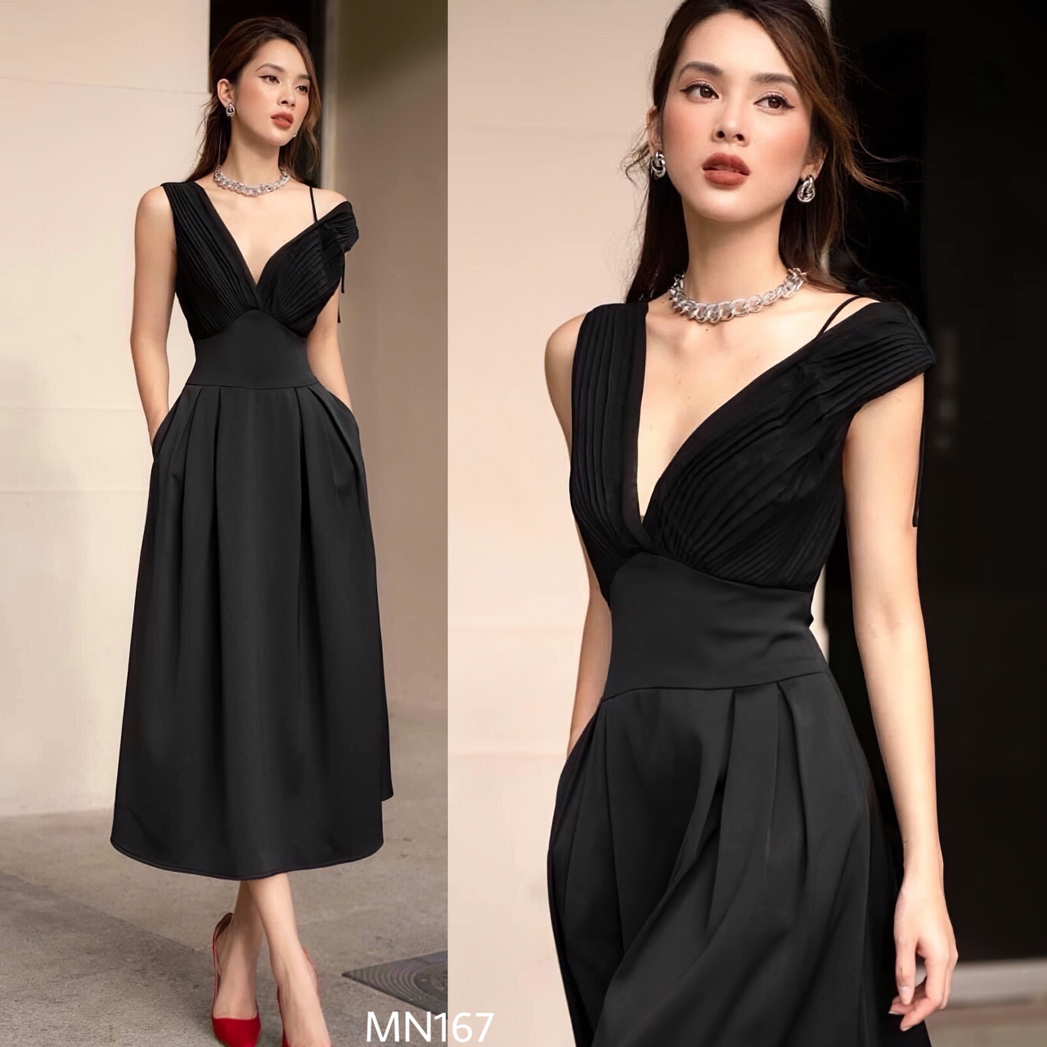 Đầm dự tiệc thiết kế cao cấp dáng xoè chất liệu Cotton phối dập ly phù hợp dạo phố MN167