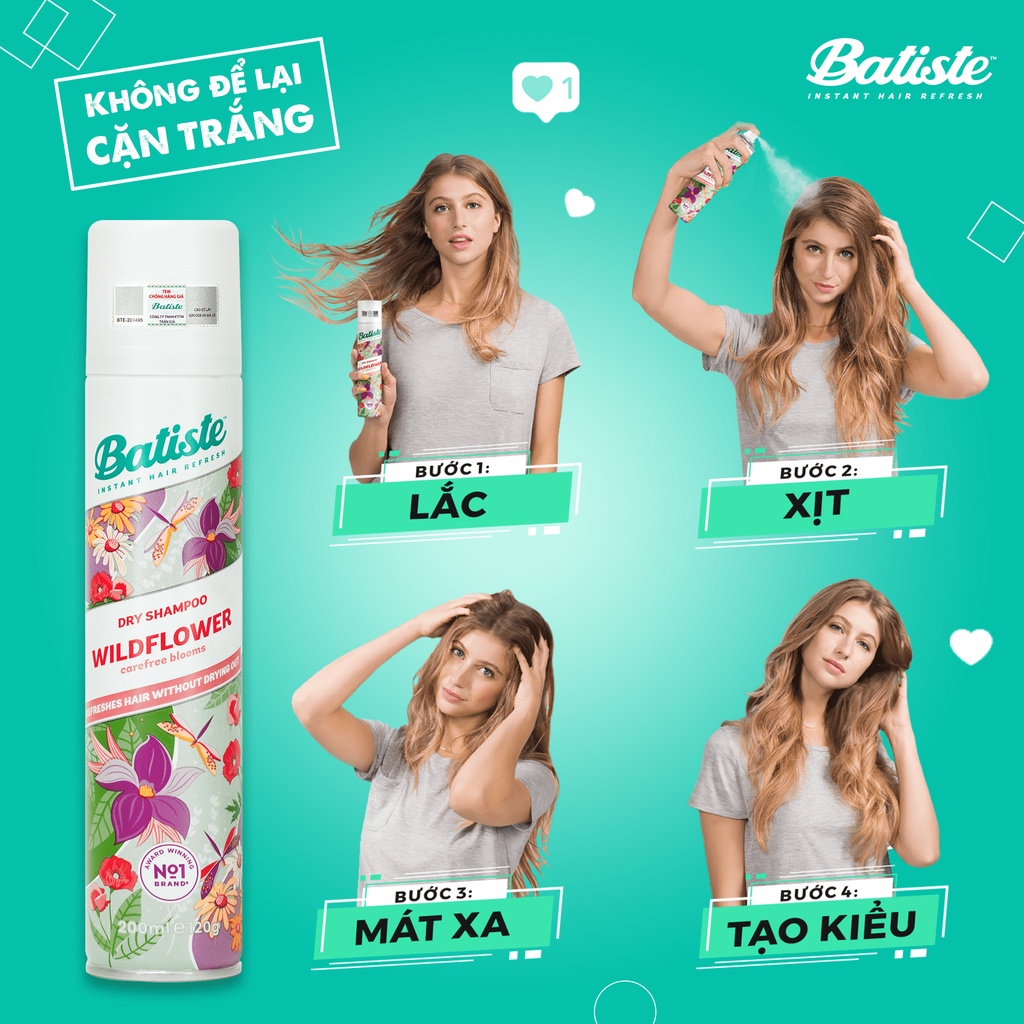 Dầu Gội Khô Batiste Hương Hoa Cỏ Nữ Tính, Tươi Mát - Batiste Dry Shampoo Fresh &amp; Feminine Wildflower 200ml