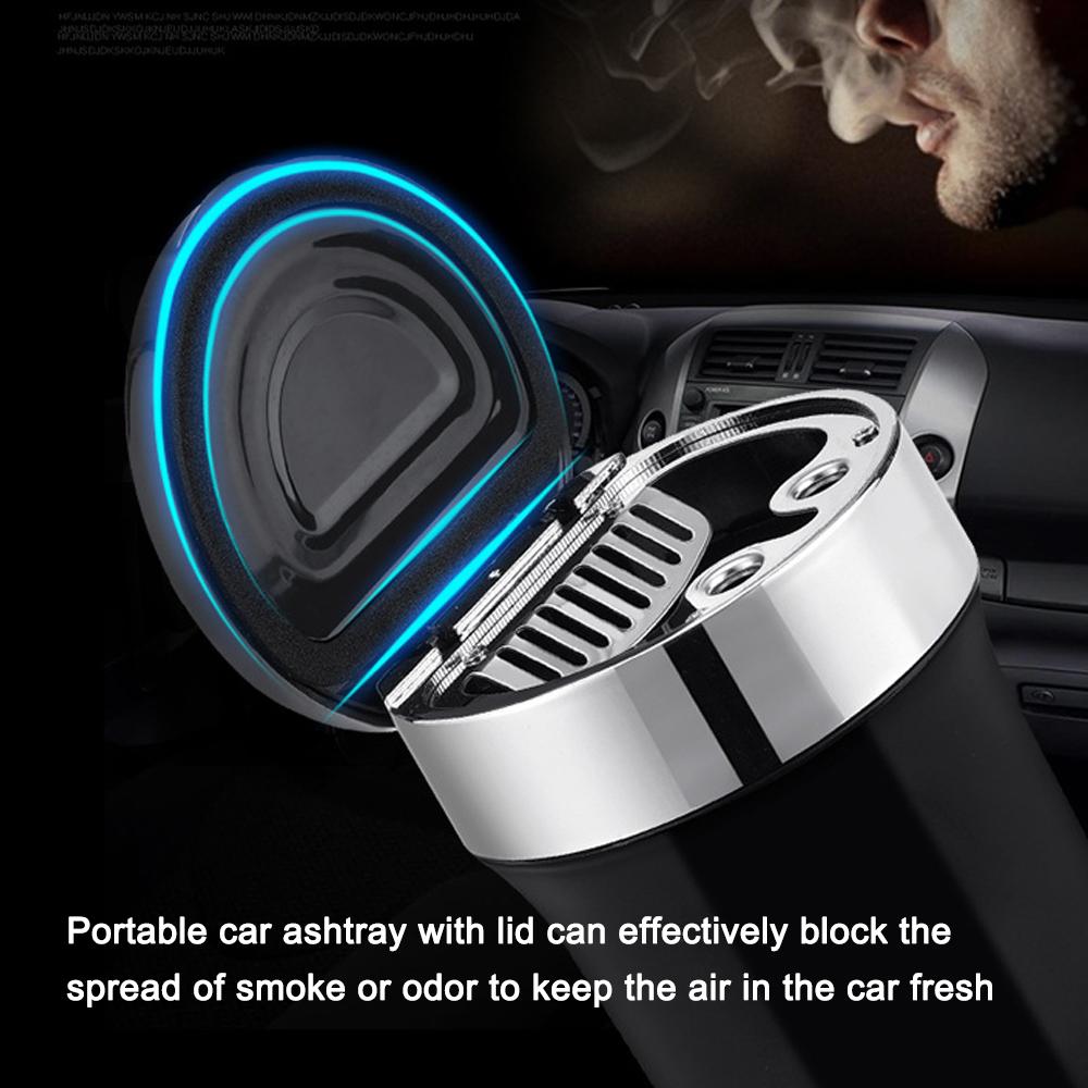 Car Smokeless Ashtray with Lid Small Garbege Can with Blue LED Light Compass for Most Car Cup Holder