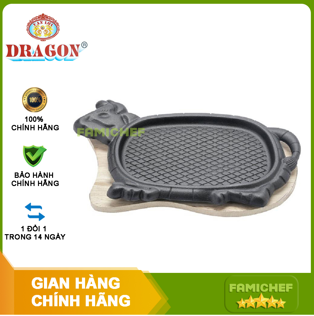 Chảo gang chống dính kèm đế gỗ làm bò bít tết Dragon D008 - Loại lớn