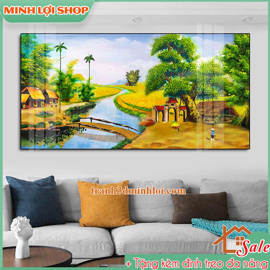 Tranh tráng gương MDF cao cấp làng quê, đồng quê Việt Nam TẶNG KÈM ĐINH TREO ĐQ10