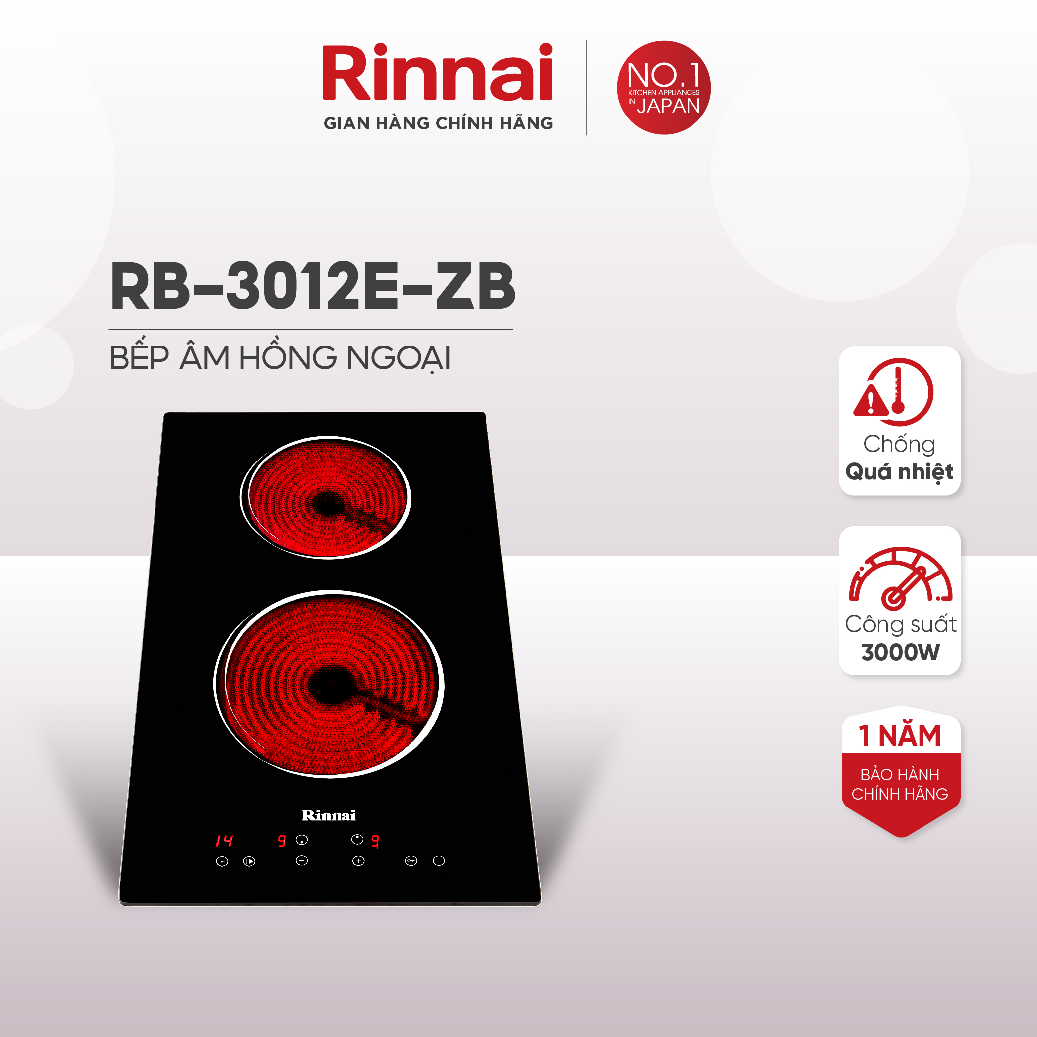 Bếp hồng ngoại Rinnai RB-3012E-ZB mặt kính Ceramic 3000W - Hàng chính hãng.