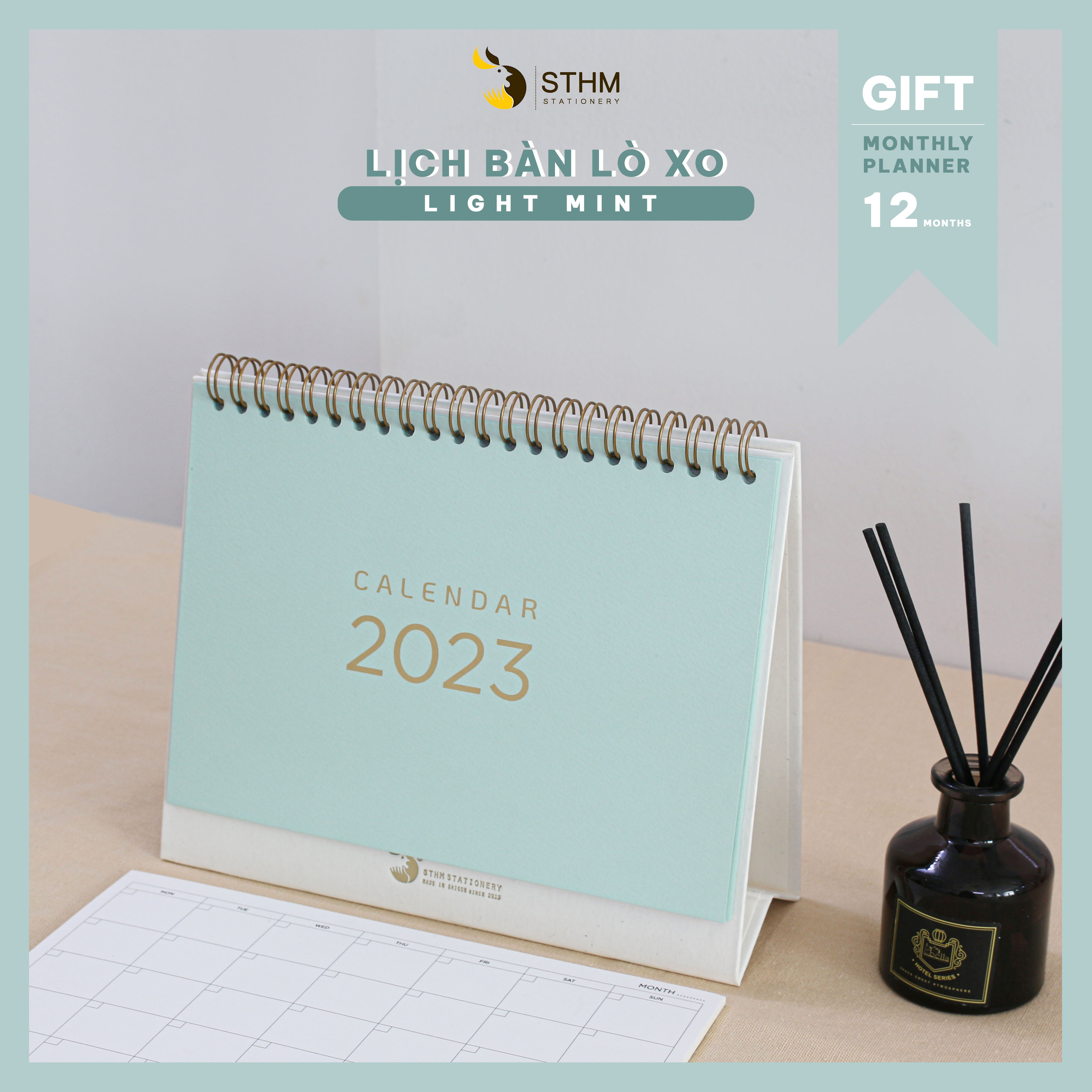 [STHM stationery] - Lịch bàn lò xo 2023 - Light mint - Giấy mỹ thuật cao cấp - Có lịch âm dương và checklist