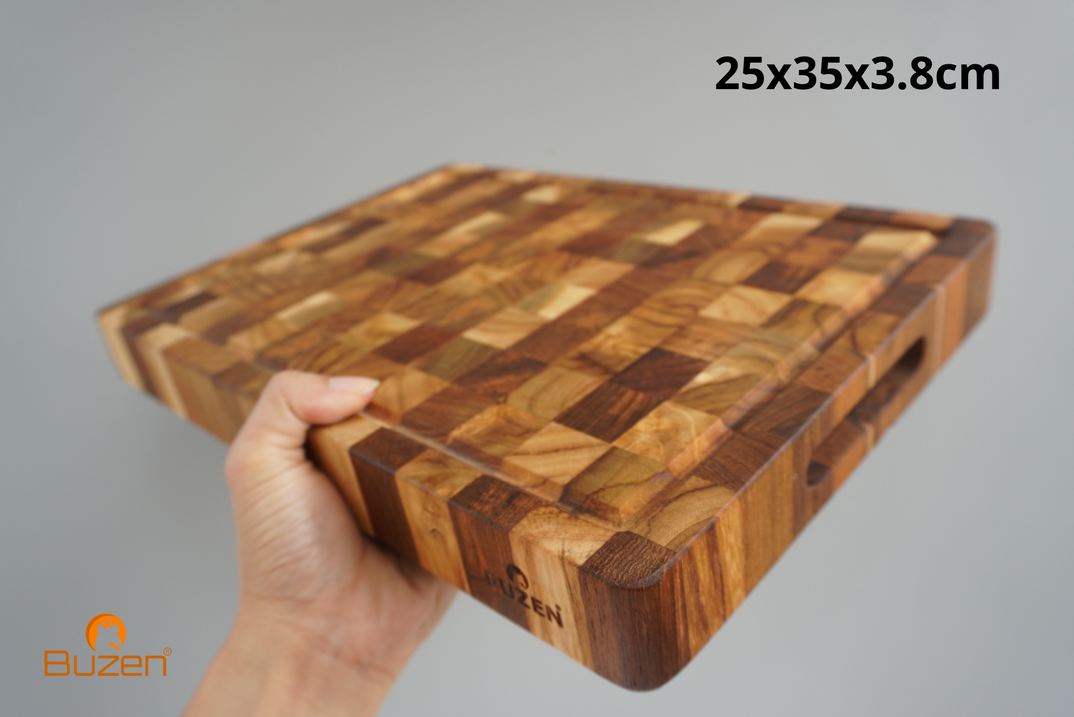 Thớt Gỗ Teak BUZEN Cao Cấp 35x25x3.8cm - Thớt gỗ Cứng Dày có rãnh chống tràn đặc biệt dùng làm khay phục vụ các món nướng BBQ