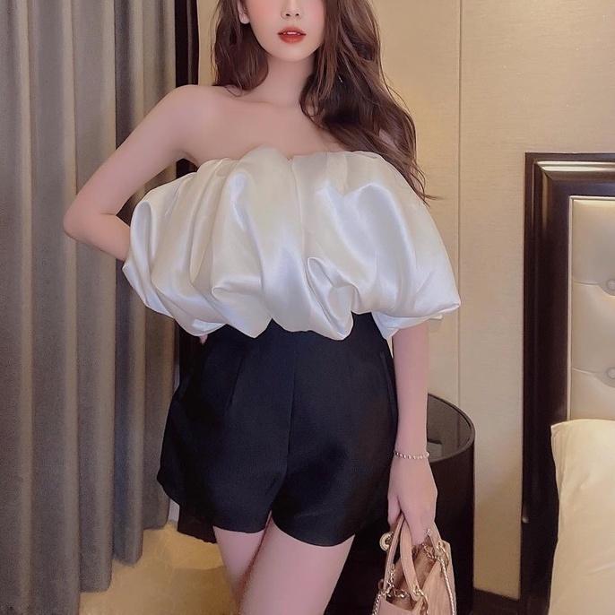 Áo croptop trắng trễ vai satin cúp ngực bồng ivy fashion đi biển dự tiệc dạo phố bigsize gợi cảm sexy