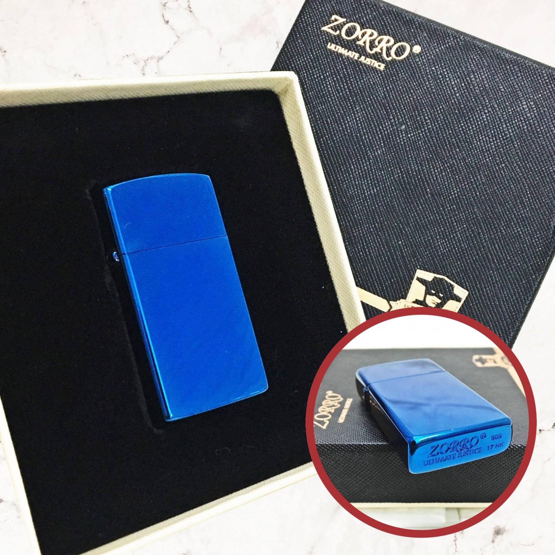 Hộp quẹt bật lửa Zipo Slim Zorro trơn bóng màu xanh- (xài xăng)