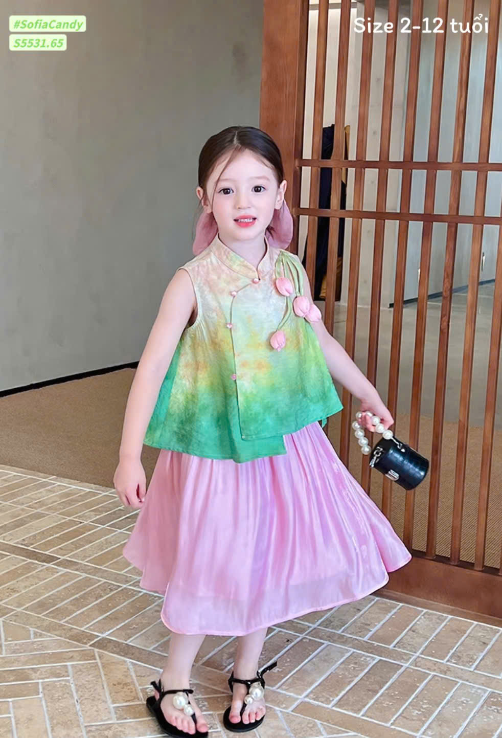 set váy đầm sườn xám cho bé gái diện tết năm mới 10-40kg lụa mềm mát hoa nổi