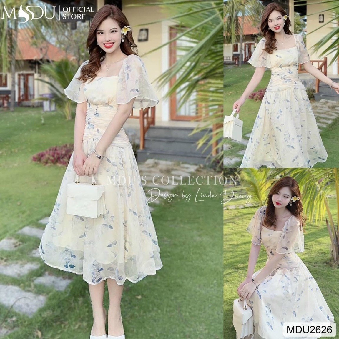 ĐẦM VOAN HOA TAY XOÈ XẾP LY EO MÀU Y HÌNH
