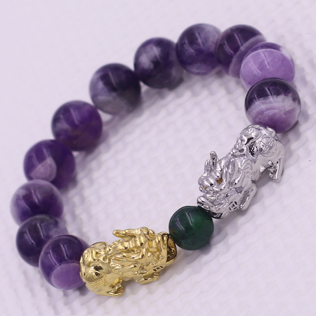Vòng chuỗi đeo tay đa thạch anh tím than 12 ly charm tỳ hưu đôi inox trắng và vàng, vòng chuỗi phong thủy, charm tỳ hưu, vòng tay hạt chuỗi