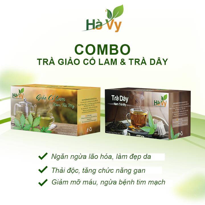 Combo Trà Giảo Cổ Lam & Trà Dây Nam Trà My Hà Vy hỗ trợ làm đẹp da, hỗ trợ giảm cân, hỗ trợ điều trị bệnh dạ dày hiệu quả (set 2 hộp trà túi lọc)