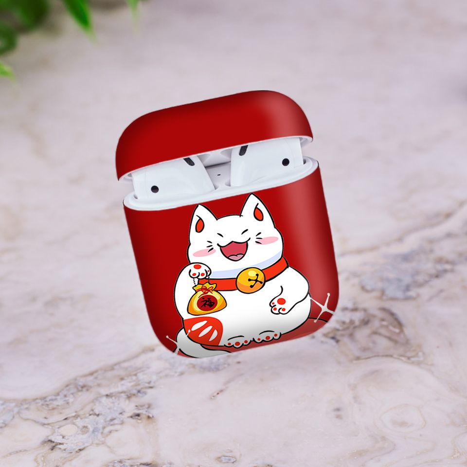 Miếng dán skin chống bẩn cho tai nghe AirPods in hình Mèo Thần Tài - TTD - x009 (bản không dây 1 và 2)