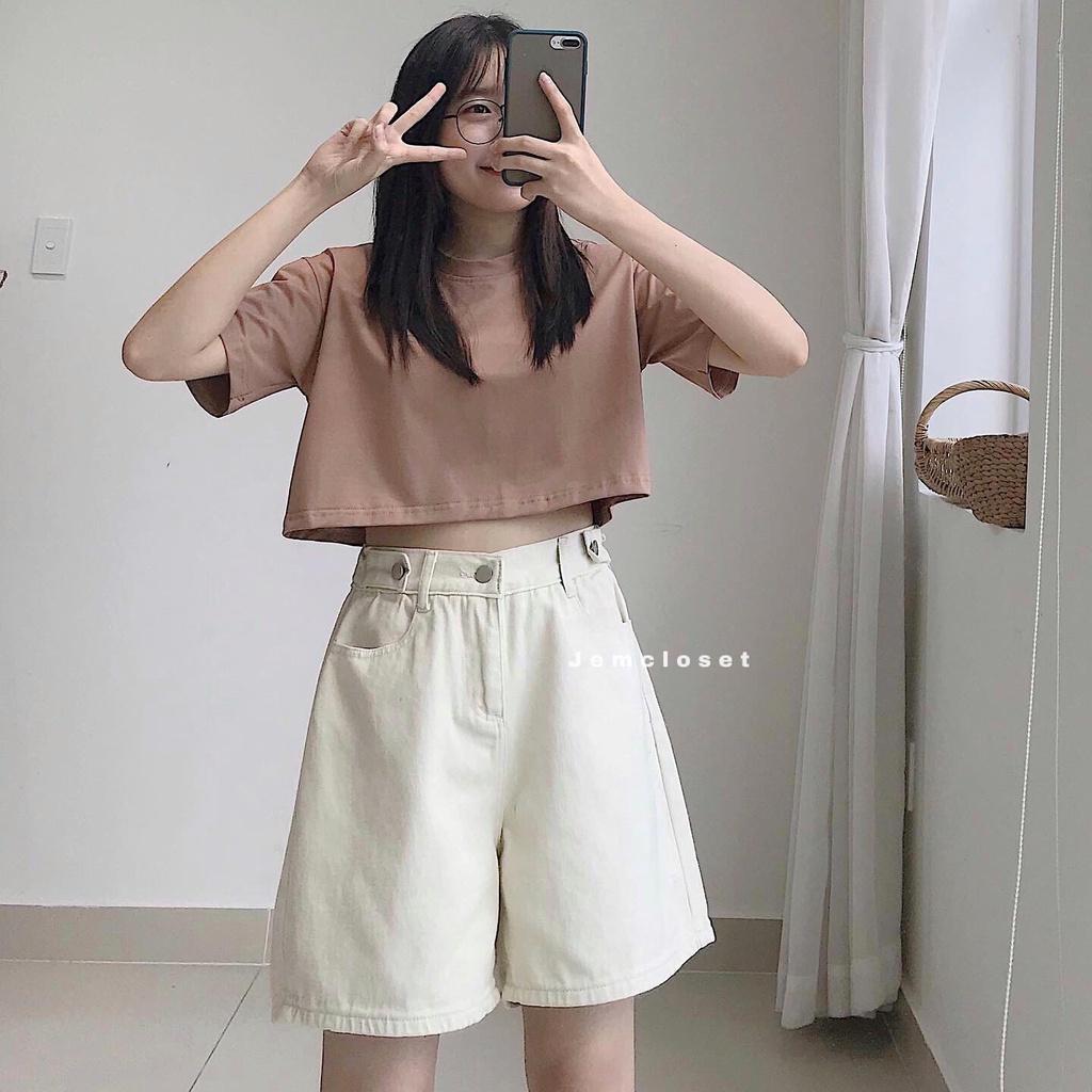 Quần Short Jean Trơn Cạp Cao Lên Dáng Cực Xinh Quần Đùi Nữ Ống Rộng Kèm Nút Cài Eo Dễ Phối Đồ Simby 2727