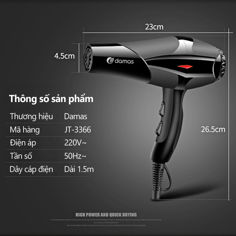 Máy Sấy Tóc Damas JT-3366 - Chính hãng (Sử dụng cho gia đình, tiệm cắt uốn tóc, khách sạn, nhà nghỉ)