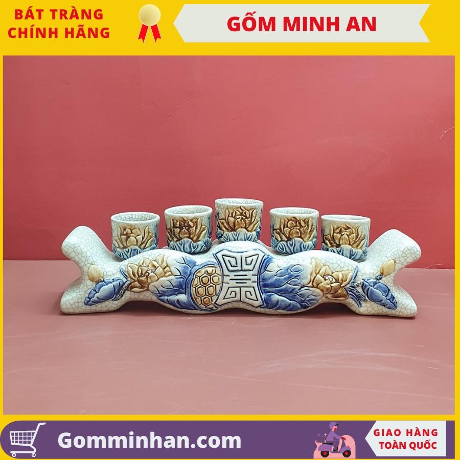 Kỷ Chén Thờ Sứ Men Rạn Đắp Nổi Cao Cấp- Kỷ Cong 3 chén- Gốm Sứ Bát Tràng- Gốm Minh An