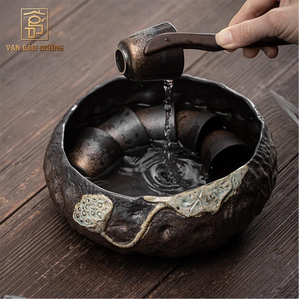 Kháo trà, dầm trà gốm khoáng đá đắp nổi hoa sen trang nhã Vạn Bảo Đường - VBD028