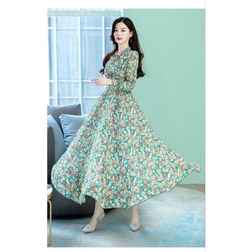 HÀNG NHẬP - ĐẦM MAXI VOAN HOA TAY DÀI CỔ BÈO THẮT DÂY NƠ