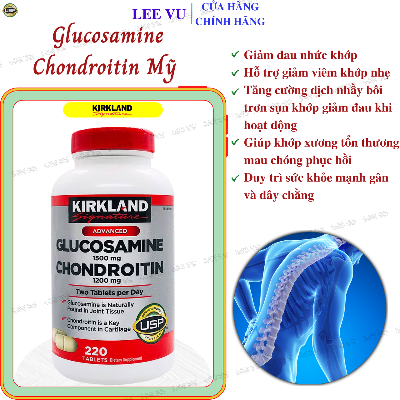 Glucosamine Mỹ Glucosamine 1500mg Chondroitin 1200mg Kirkland Signature Mỹ - Phục hồi sụn khớp, Giảm đau nhức xương khớp và Hỗ trợ sự vận động linh hoạt hiệu quả