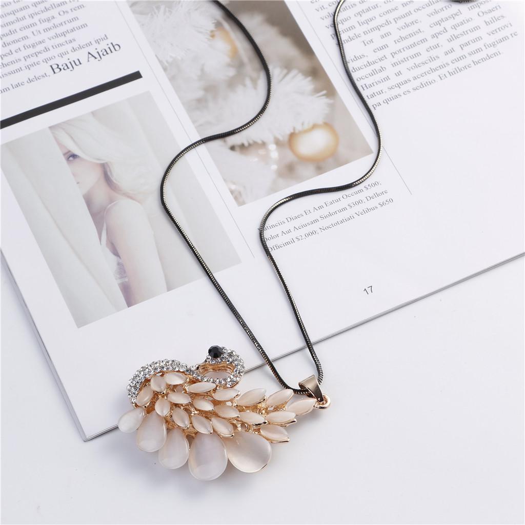 Charm Opal Crystal Swan Pendant Necklace Rhinestone Sweater Chain Necklace
