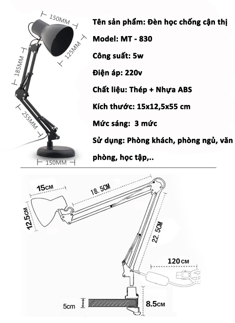 Đèn học, đèn làm việc kẹp bàn chống cận bảo vệ đôi mắt của bạn tặng kèm bóng đèn