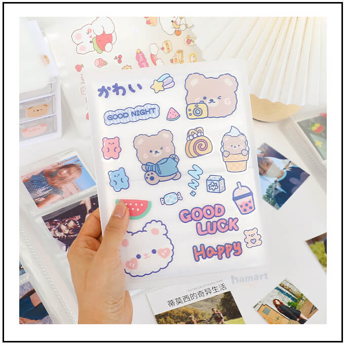 SET 6 Tờ 90 Nhãn Dán Sticker Thỏ Gấu PET Trong Suốt Cute Không Thấm Nước Trang Trí Dễ Thương