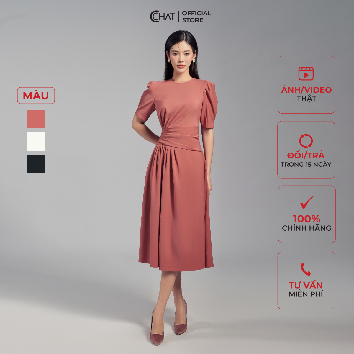 Đầm Nữ  Kiểu Xếp Ly Thân Lệch Cổ Tròn Chất Mango Cao Cấp 22VNE2020XT