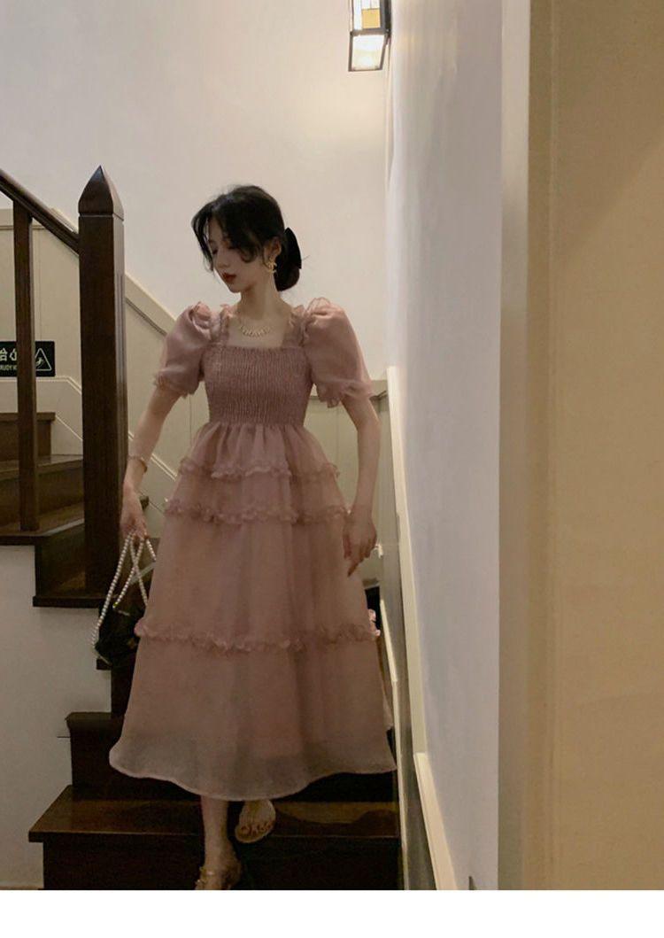 TOBE1SHOP Váy màu hồng nàng tiên Pháp ren Bouffant váy công chúa váy bánh váy lưới nàng tiên thắt lưng đầm