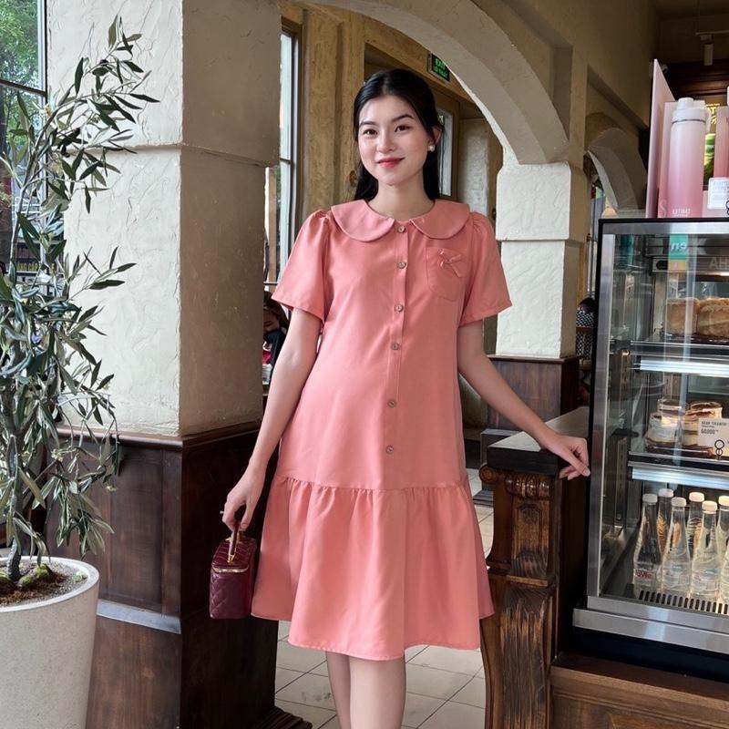 Đầm bầu công sở form đuôi cá phối nút cổ sen chất cotton lạnh đồ bầu đẹp dễ thương - Xanh rêu