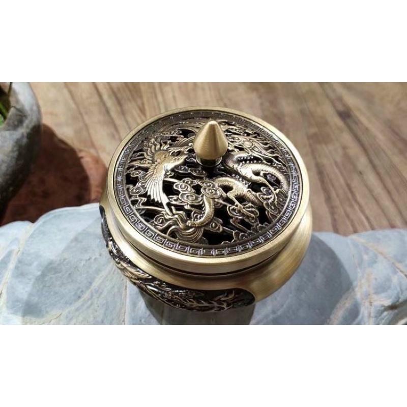 Lư xông trầm bằng đồng chuẩn nguyên khối hình long phụng