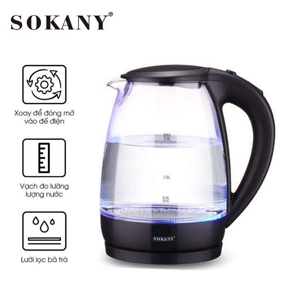 Ấm Đun Siêu Tốc Thủy Tinh SOKANY công suất 2000W - HÀNG CHÍNH HÃNG