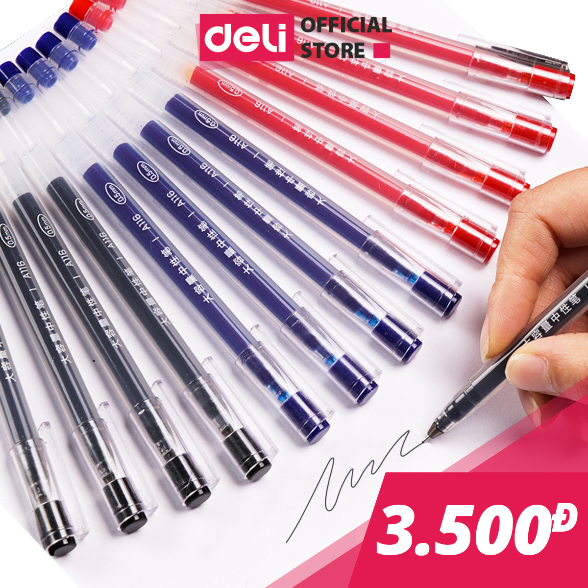 Bút gel 0.5mm Deli nhiều màu lựa chọn - Bút bi nước -  1 chiếc - Mực đỏ / Xanh / Đen - A116