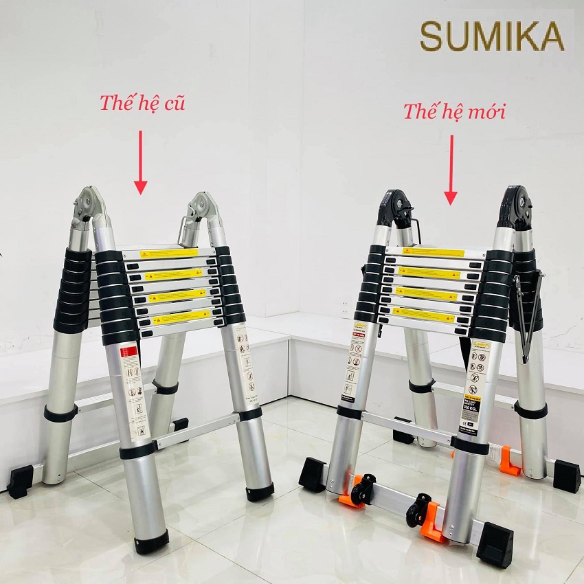 Thang nhôm rút chữ A Sumika SK 500D (2.5M+2.5M) - duỗi thẳng cao 5.0m, 8 đế cao su chống trượt, có bánh xe kéo, khóa chốt cao cấp, bậc thang thiết kế chống trượt, thanh giằng giữa 2 bên thang - Luôn Có Phụ Kiện Thay Thế