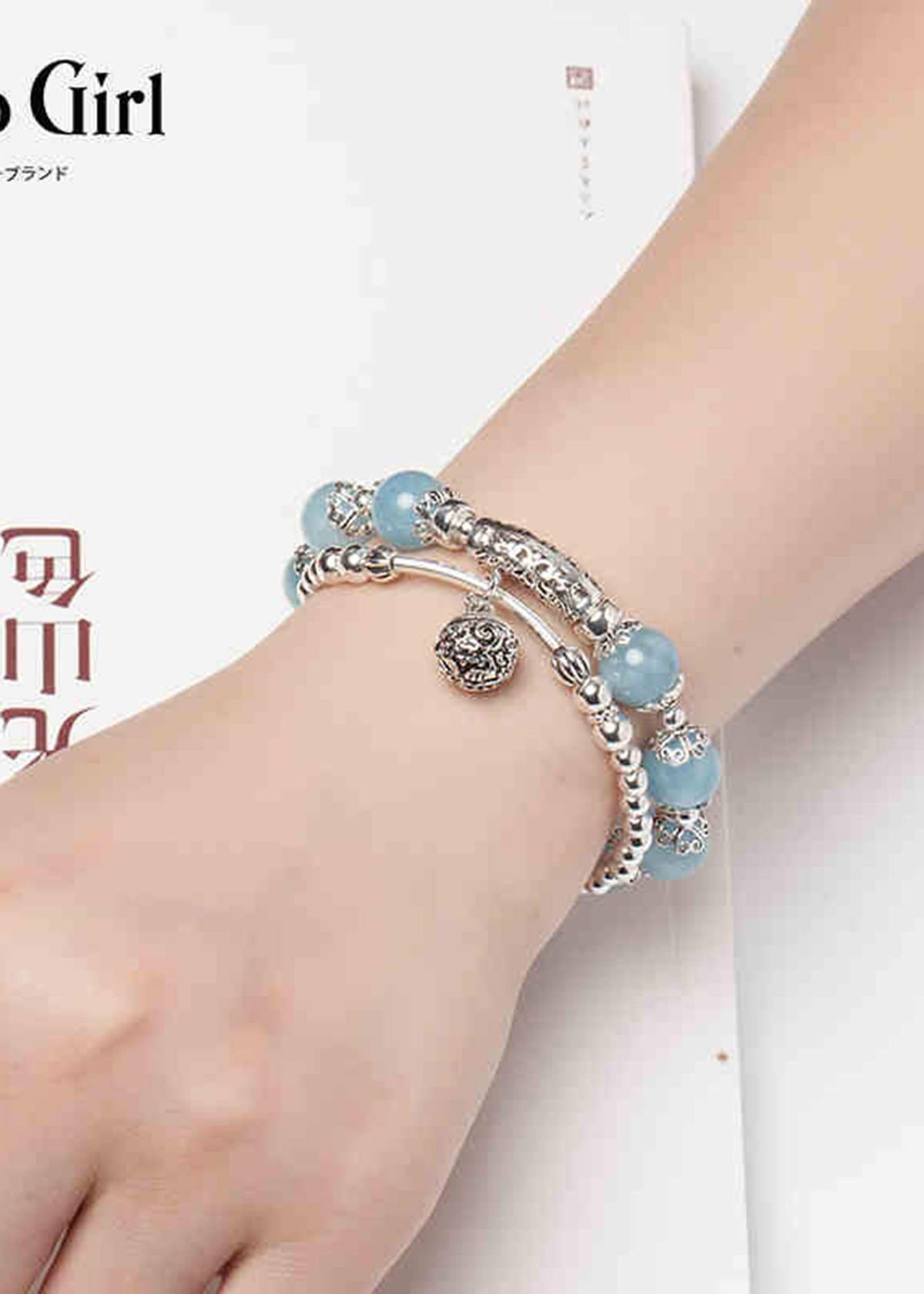 Vòng 2 line đá Aquamarine phối charm bạc size hạt 10mm mệnh thủy, mộc - Ngọc Quý Gemstones