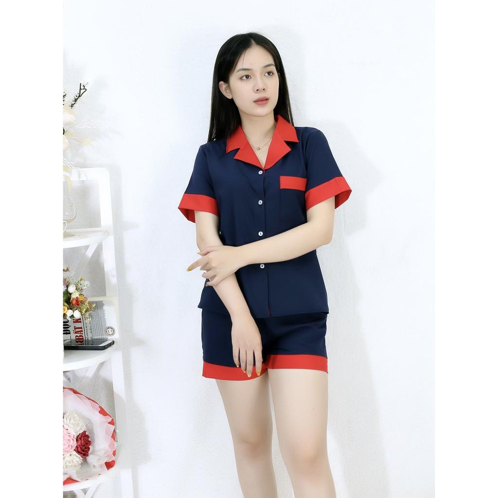 Bộ đồ Pijama ngắn mặc nhà MÀU XANH ĐEN PHA CỔ ĐỎ