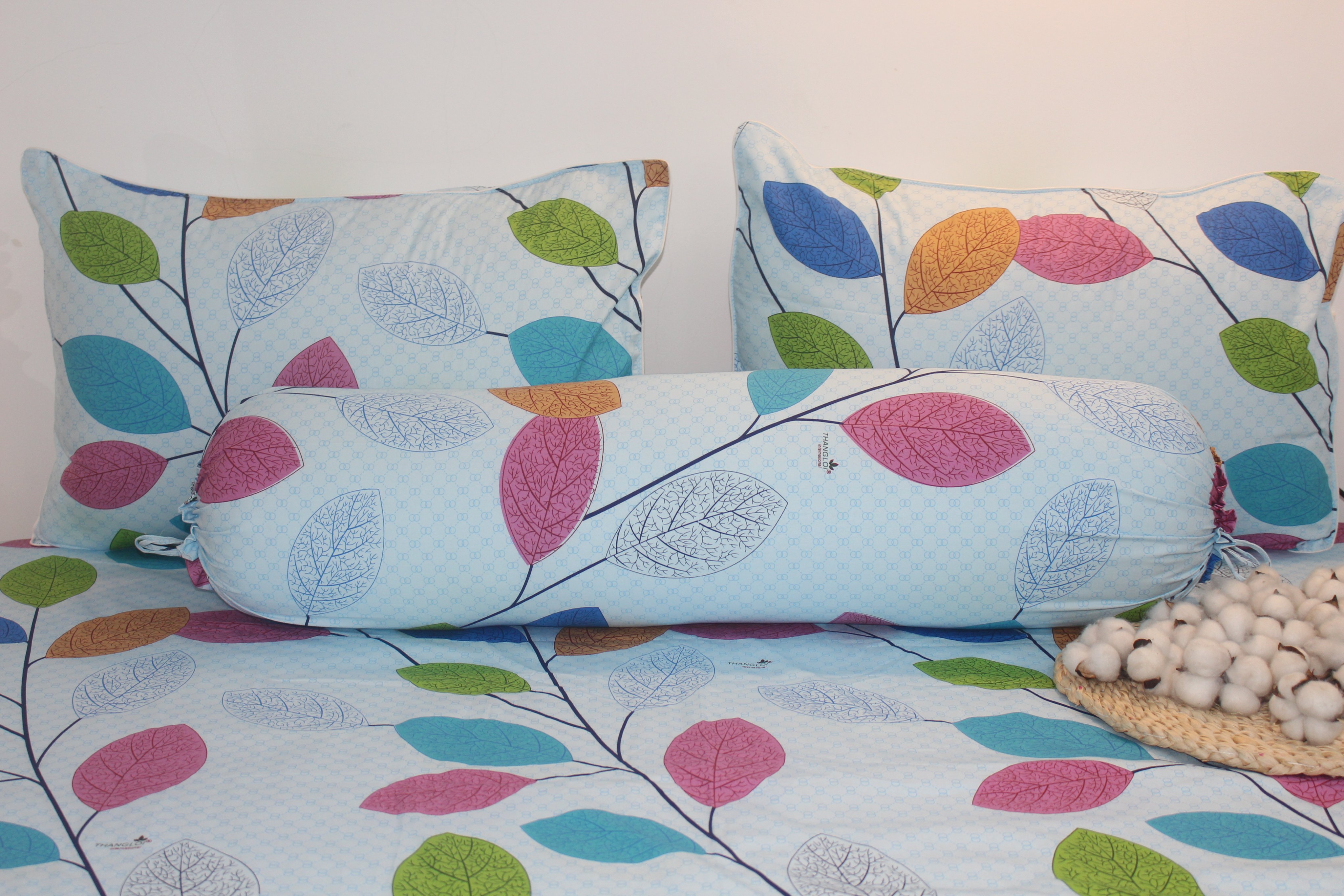 Bộ Drap Gối Cotton -Mẫu Lá Dây Nền Xanh vải dày dặn, mát mẻ, siêu thấm mồ hôi
