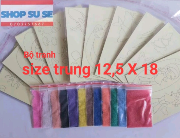 Tranh cát size trung. Bộ 10 tờ 12,5cmX18cm. 12 bịt cát, mỗi bịt 10g
