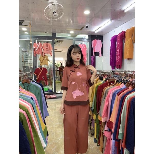 Thời trang nữ cổ tàu đi chùa, áo lam truyền thống cao cấp