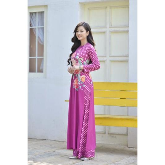 SET ÁO DÀI LỤA HỌA TIẾT HOA CHẤM BI