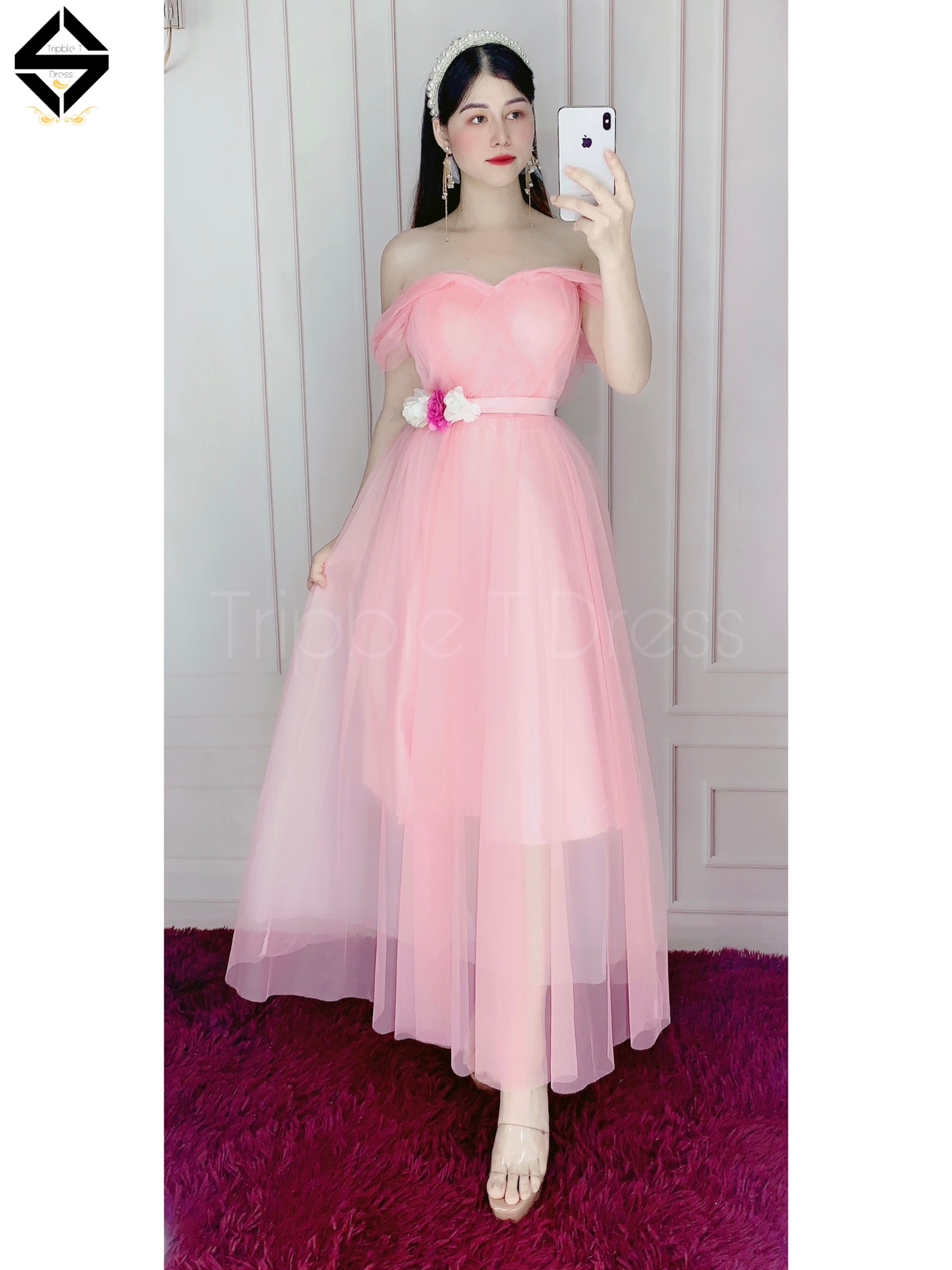 Đầm xoè dự tiệc rớt vai lưới siêu xinh TRIPBLE T DRESS -size L/XL - MS37V