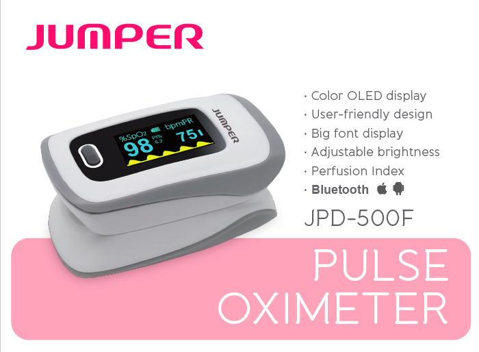 Máy đo nồng độ oxy máu và nhịp tim,chỉ số PI Jumper 500F (FDA Hoa Kỳ + xuất USA), Kết nối Bluetooth APP mobile, màn hình OLED