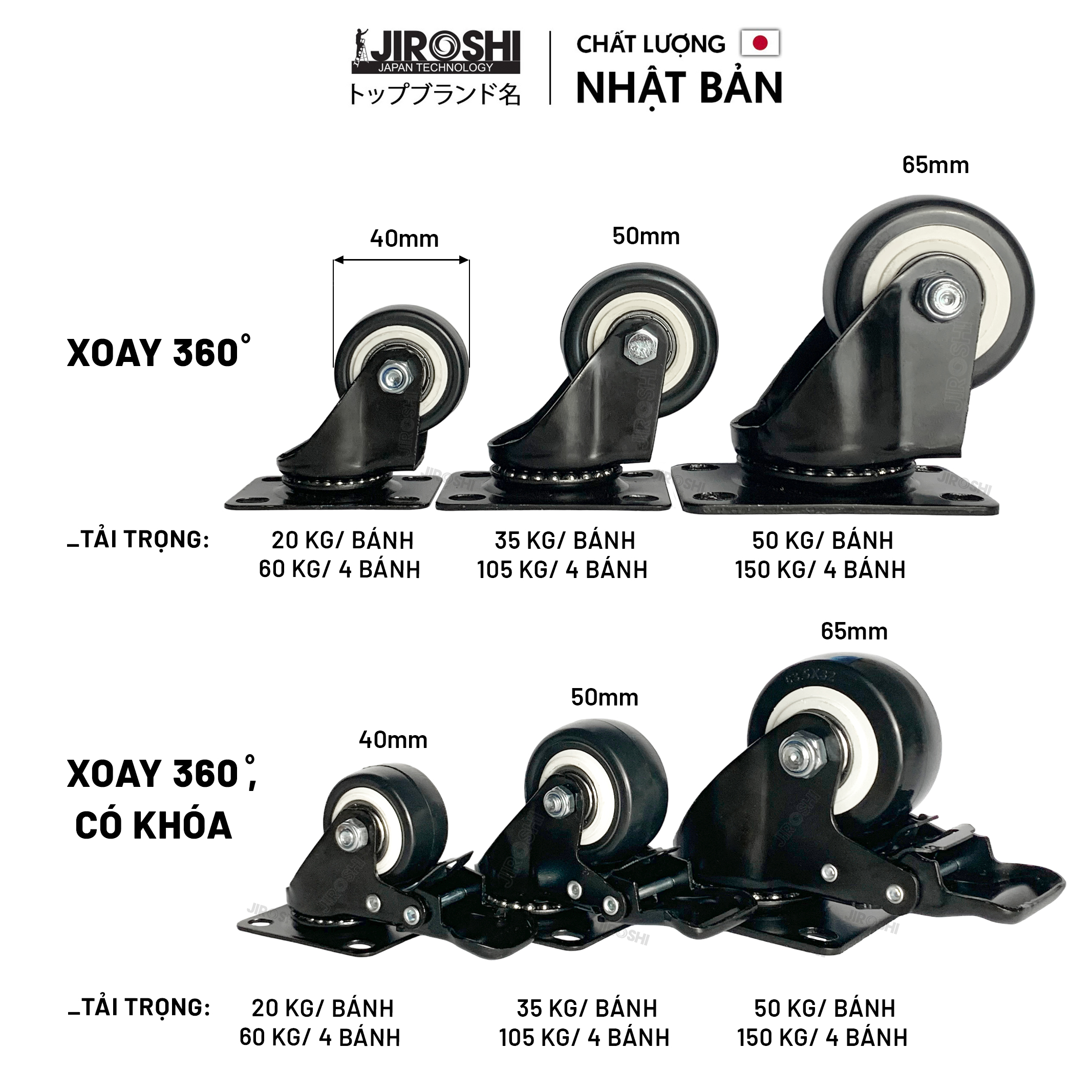 Bánh xe đẩy hàng có bạc đạn và khóa JIROSHI Nhật Bản , Bánh xe nhựa PVC mini 40mm