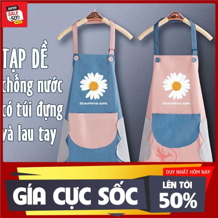 Tạp dề nấu ăn nail pha chế vải chống thấm nước nữ phục vụ hoa cúc có túi đựng dày dặn và lau tay dáng dài, chống bám bẩn