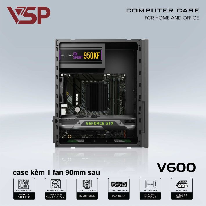 VỎ CASE VĂN PHÒNG V600 - VỎ CASE MÁY TÍNH ( USB 3.0, SPCC 0.8MM, KÈM 1 FAN 9CM )- ĐEN - JL - HÀNG CHÍNH HÃNG