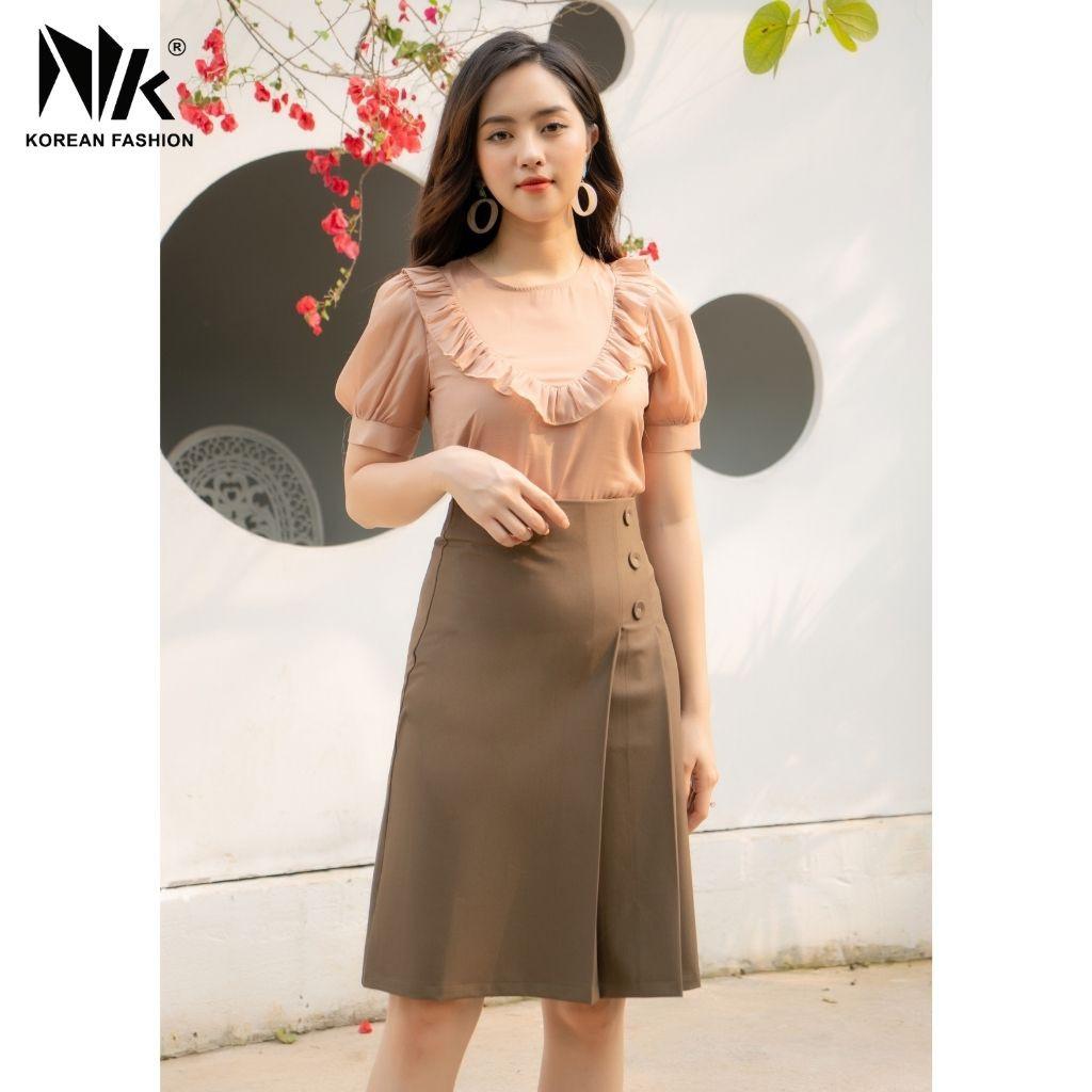 Chân Váy Nữ Công Sở NK Fashion Xếp Ly Cạp Đứng Cúc Bọc, Chất Vải Hản Mềm Mịn, Co Giãn NKFCV2103001