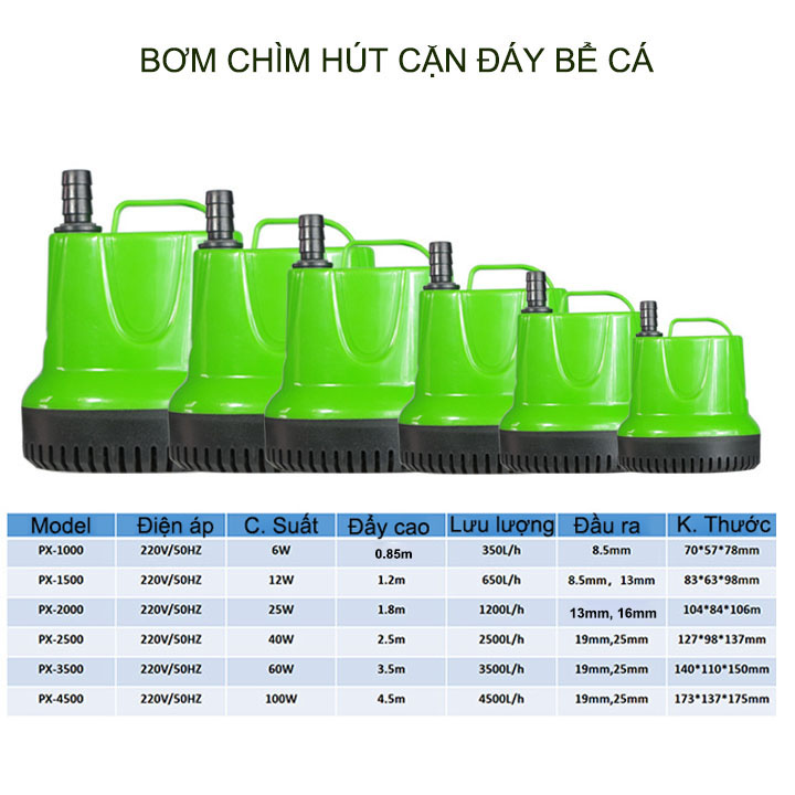 Bơm chìm hút cặn đáy bể cá 6W-12W-25W tùy chọn