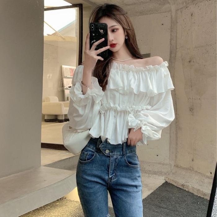 Áo Trễ Vai Viền Bèo Dài Tay Nữ 2 Tầng