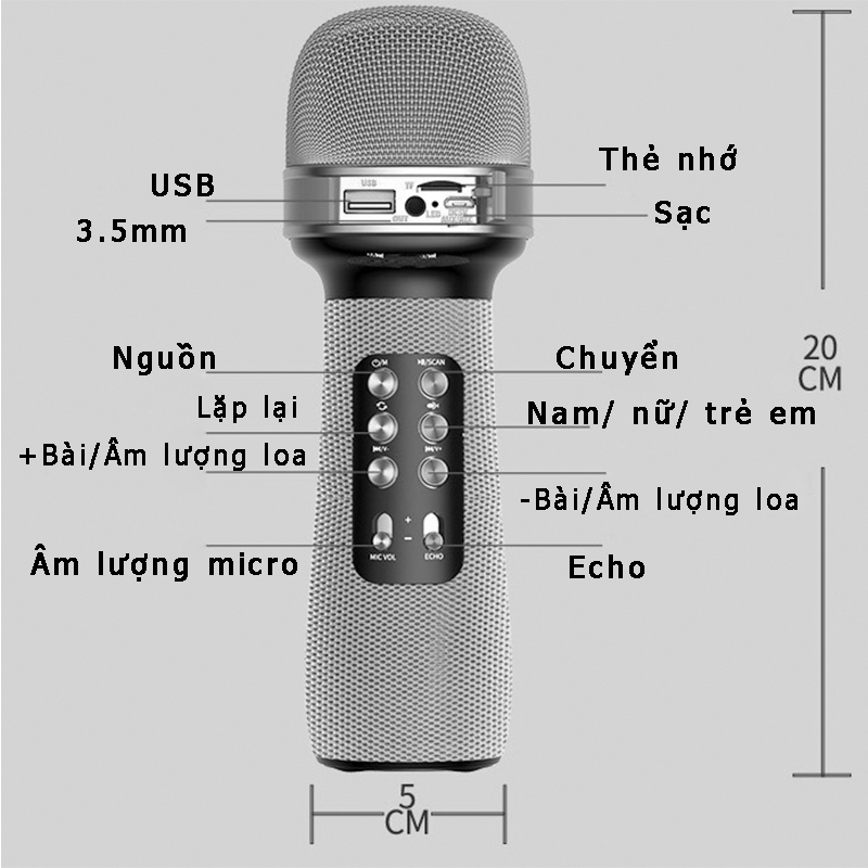 Micro Karaoke Bluetooth Kèm Loa cao cấp kết nối Bluetooth, thẻ nhớ, USB pin sạc - Hàng chính hãng