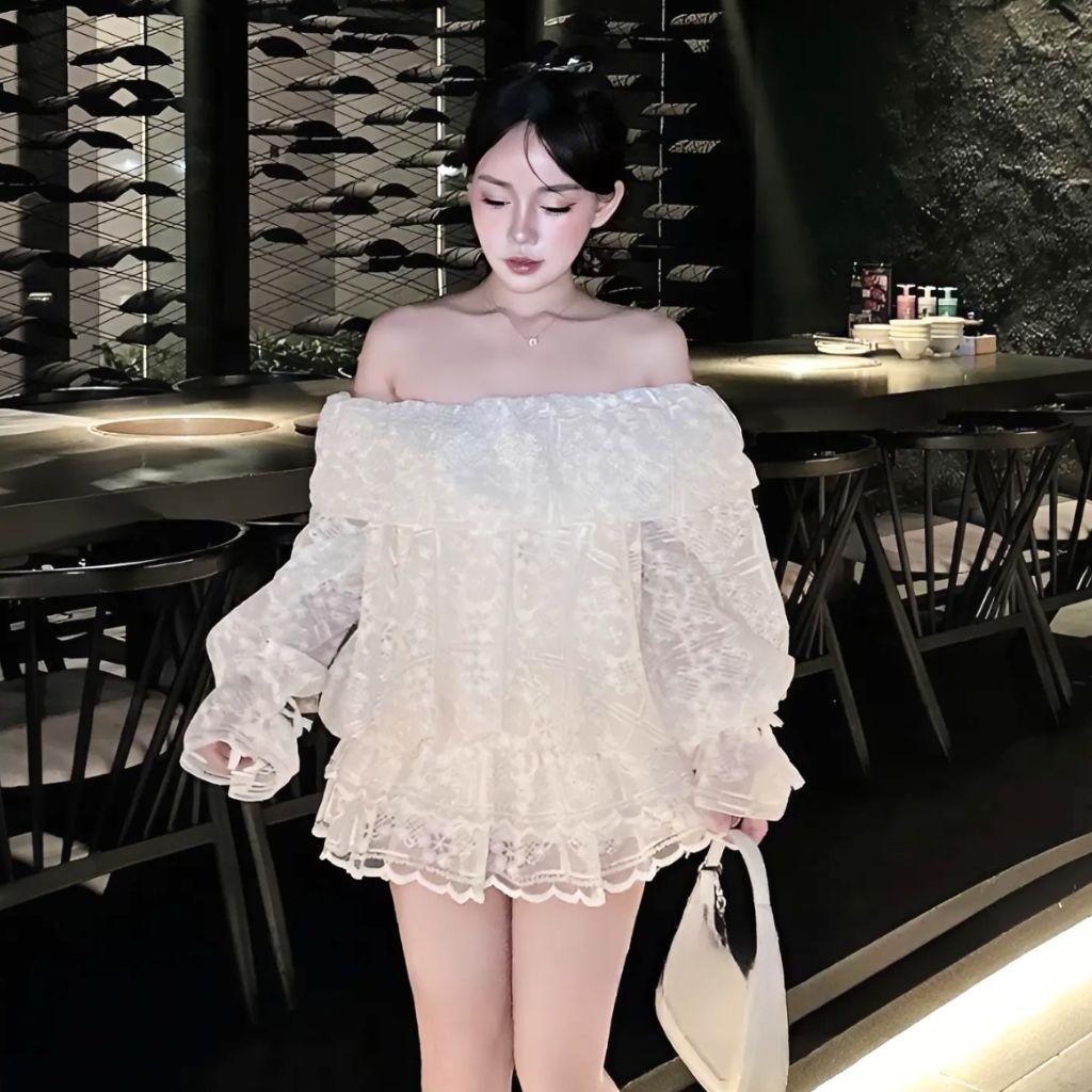 Set váy ren trễ vai thiết kế sang chảnh đầm nữ tay loe phối chân váy dự tiệc HN Clothing