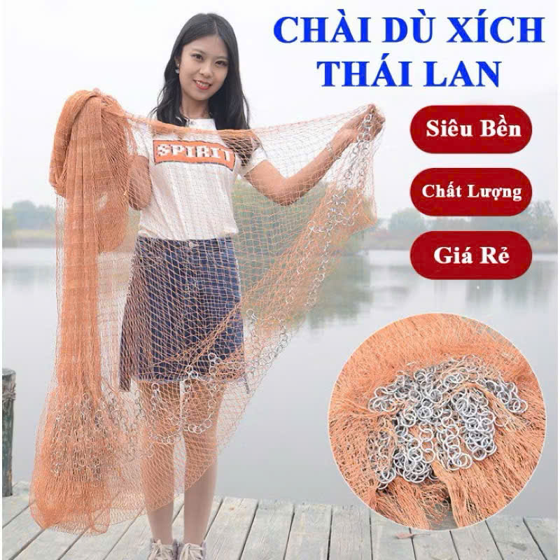 Chài Truyền Thống Bắt Cá - Chài Dù Nâu Chân Xích Sợi Dù Thái Lan Mắt Lưới 2.4cm Và 3.5cm