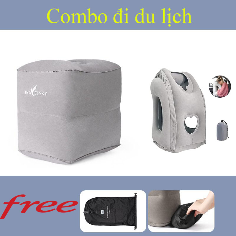 Combo đi du lịch Gối ngủ và gác chân bơm hơi - tặng túi bơm hơi